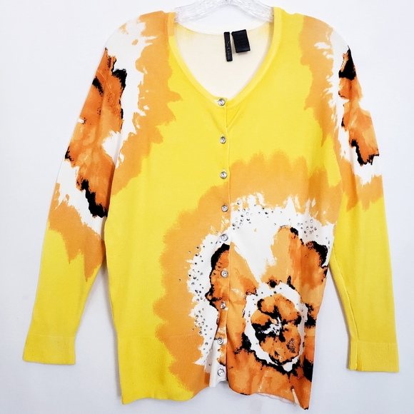 Nue Options Sunshine Yellow/ Autumn Abstract Floral w/Bling Cardigan Sweater - Picture 12 of 12